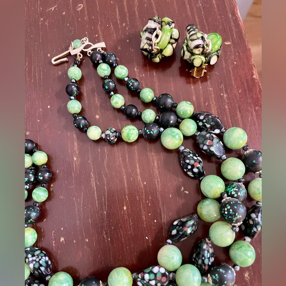 1960s Vintage 3-Strand Green Beaded Necklace + Clip On Earrings